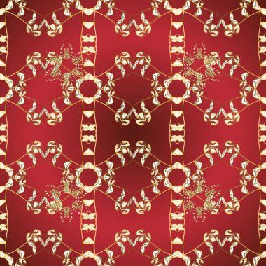 Vektör altın seamless modeli. Kahverengi ve kırmızı renkler altın elemanları ile altın izi. Zemin, kumaş, altın duvar kağıdı. Vintage koleksiyonu düz el çekilmiş.