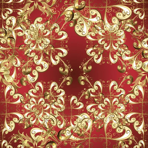 伝統的な東洋の装飾 クラシック ヴィンテージ背景 シームレスなクラシックはベージュと赤と金色のパターンをベクトルします — ストックベクタ
