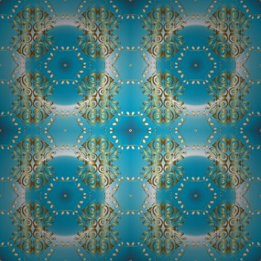 Dikişsiz altın desen. Altın elemanları ile mavi ve nötr renklerde altın desen. Vektör oryantal süs.