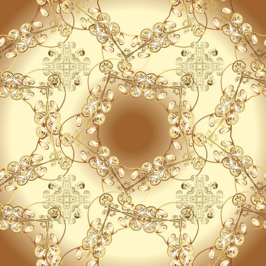 Bej ve kahverengi renkleri altın elemanları ile Seamless modeli. Ajur narin altın desen. Sorunsuz doku bukleler. Parlak dantel, stilize çiçekler, paisley. Oryantal tarzı arabesk. Vektör.