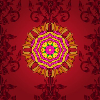 Tasarım soyut mandala kutsal geometri illüstrasyon kırmızı, pembe ve sarı renkler renkli vektör.