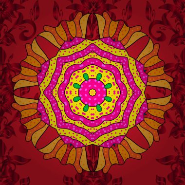 Geometrik daire vektör öğesi. Kaleydoskop, madalyon, yoga, Hindistan, Arapça. Süsleme kırmızı, pembe ve sarı renkli kart ile mandala. Kabile, Boho, Bohem tarzı.