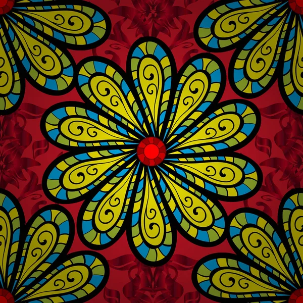 Blommor Svarta Röda Och Gula Färger Asiatisk Textil Stil Sömlösa — Stock vektor