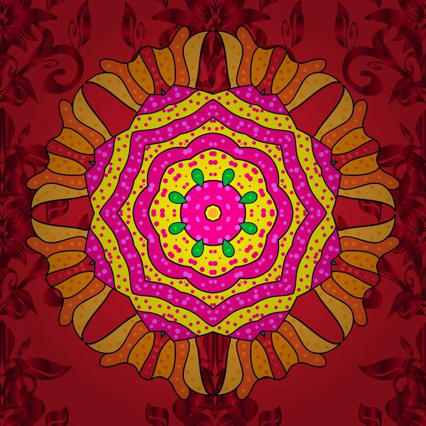 Geometrik daire vektör öğesi. Kaleydoskop, madalyon, yoga, Hindistan, Arapça. Süsleme kırmızı, pembe ve sarı renkli kart ile mandala. Kabile, Boho, Bohem tarzı.