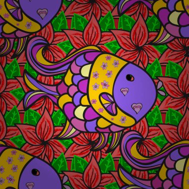 Komik çok renkli arka, deniz doku. Sorunsuz vektör desen ile şirin dekoratif balıkçı. Vektör çizim.