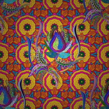 Düz çiçek öğeleri tasarım. Sarı, turuncu ve pembe renklerde çiçekler. Sorunsuz çiçek desenli vektör çizim içinde. Yaz tema Dikişsiz desen arka plan rengi.