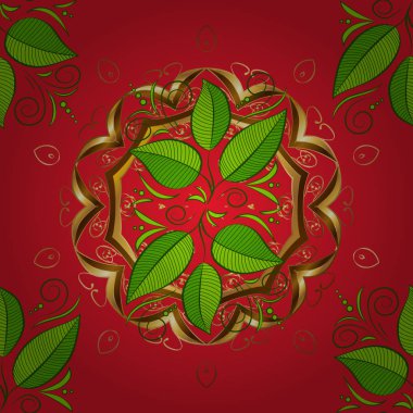 Millefleurs tasarım yapılmış. Resimde bırakır. Paisley Hint elle çizilmiş öğeleri yazdırın. Yeşil, kahverengi ve kırmızı renkler güzel yapraklarda. El yapımı sorunsuz suluboya çiçek Hint desen döşemesi. Vektör.