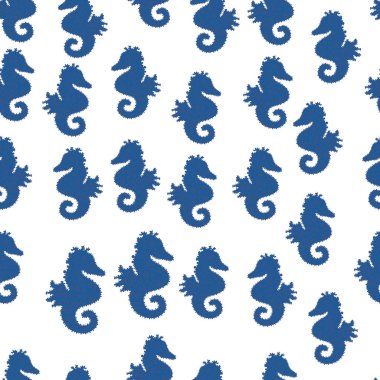 Vector. Hippocampus vector cartoon icon set of underwater fish and silhouette isolated on neutral, white and blue background. Seahorse seamless pattern background.