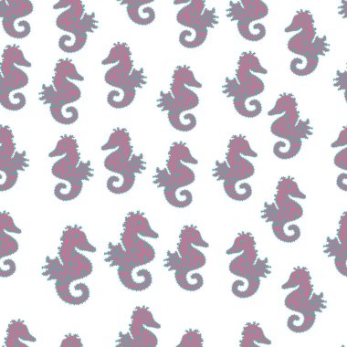 Hippocampus vektör karikatür simgesi sualtı balık ve siluet beyaz, pembe ve mavi arka plan izole seti. Seahorse sorunsuz desen arka plan. Vektör.