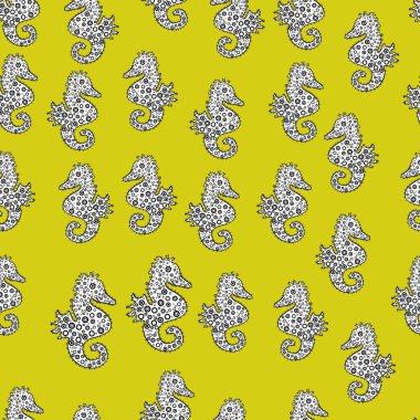 Hippocampus vektör karikatür Icon set sualtı balık ve sarı, siyah ve beyaz arka plan üzerinde izole siluet. Denizatı Dikişsiz desen arka plan. Vektör.