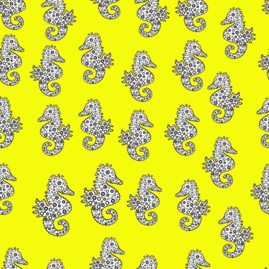 Denizatı sorunsuz arka plan. Elle çizilmiş şekil. Basit deniz desen. Vektör tasarımı. Turkuaz deniz yaşamını. Siyah, beyaz ve sarı komik deniz atı. Yaz egzotik sembolü. Suluboya resim.