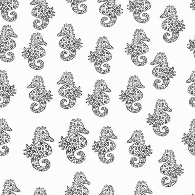 Kızlar, giyim, duvar kağıdı için şirin seamless modeli. Sulu boya resim. Elle çizilmiş şekil. Yaz egzotik sembolü. Siyah, beyaz ve tarafsız ve turkuaz deniz yaşamını. Vektör. Komik hipokampus.