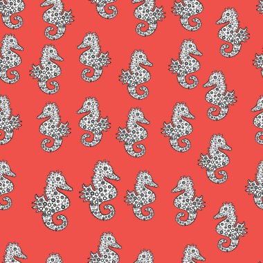 Vector illustration. Drawn by hand. Suitable for fabric, paper, packaging. Picture. Clip Art. Illustration. Watercolor. Seahorse isolated on black, white and pink background. In simple style.