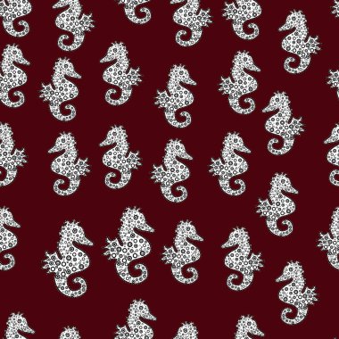 Tigertail Seahorse cutout. Perfect for surface textures, wallpapers, web page backgrounds, textile. Seamless. Vector illustration. Seahorse on black, white and brown background.