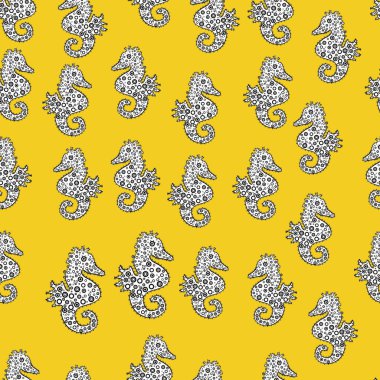 Can be used for greeting cards, wedding invitations, logo, printing on fabric. Vector illustration. Seamless. Seahorse on black, white and yellow background. Tigertail Seahorse cutout.