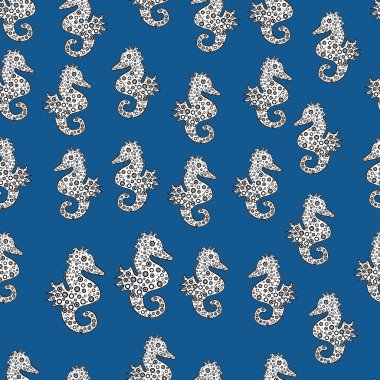 Endless. Sketch, doodle, scribble. Picture on white, black and blue colors. Nautical unicorn vector print. Abstract seamless pattern for girls, boys, clothes, wallpaper.