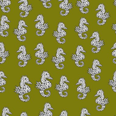 Deniz atı. Soyut Dikişsiz desen duvar kağıdı, Giysi, Erkek, kız için. Vektör çizim. Vintage tarzı içinde. Kahverengi, siyah ve beyaz renklerde resimleri.