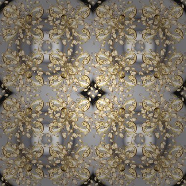 Vektör altın desen. Sorunsuz altın dokulu bukleler. Vektör çizim. Oryantal tarzı arabesk. Altın elemanları ile gri ve nötr renkler.