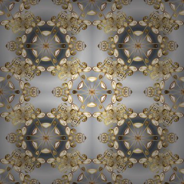 Eastern style element. Golden outline floral decor. Line art seamless border for design template. Golden element on gray and beige colors. Vector illustration for invitations, cards, web page.