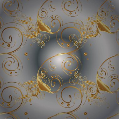 Altın elementlerile gri ve bej renklerde dikişsiz desen. Dikişsiz klasik vektör altın desen. Klasik vintage arka plan. Geleneksel şark süsü.