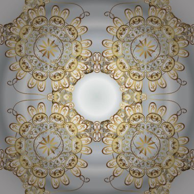 Kına dövme, altın çıkartmalar, tasarım, mehndi ve yoga ile süs çiçek öğeleri kartları ve yazdırır. Desen gri ve nötr renkler. Vektör altın mehndi seamless modeli.