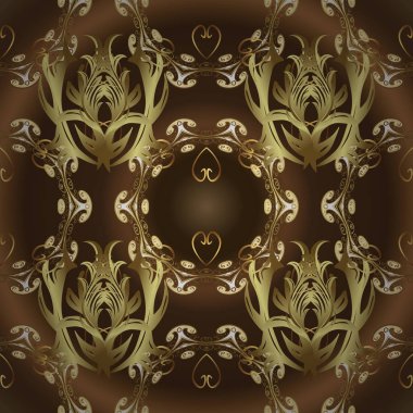 El çekilmiş dekoratif çerçeve, albüm kapağı, tebrik kartı, vintage Art deco tarzında. Vektör soyut çiçek çelenk altın doodle fantezi yaprak ve çiçek bir kahverengi ve nötr renkler.