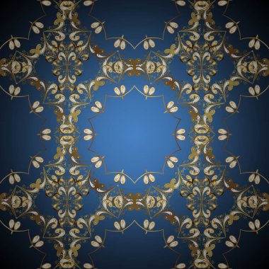 Damasko süs süsleme. Geleneksel vektör ve altın desen. Mavi, kahverengi ve sarı renkler üzerinde klasik oryantal desen.