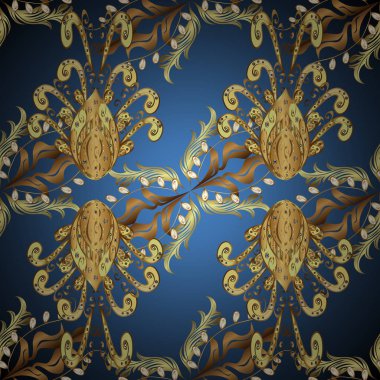 Vektör altın süs desen. Mavi, sarı ve kahverengi renklerde dekoratif desen. Oryantal tarzı arabesk altın öğeleri. Süs altın dokulu bukleler.