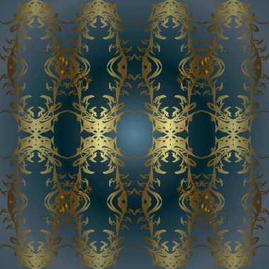 Damasko süs desen yinelenen arka plan. Mavi, tarafsız ve kahverengi renkleri altın öğesinde. Antika altın yinelenebilir duvar kağıdı. Barok tarzı altın çiçek süsleme.