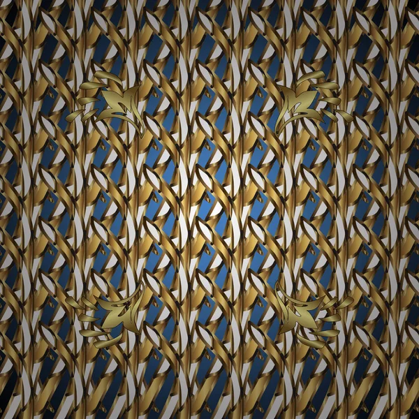 Backdrop, fabric, gold wallpaper. Flat hand drawn vintage collection. Vector golden ornamental pattern. Golden pattern on brown, white and blue colors with golden elements.