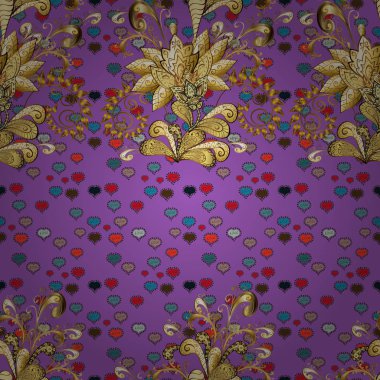 Zemin, kumaş, altın duvar kağıdı. Düz el vintage koleksiyonu çekilmiş. Mor ve kahverengi renkleri altın elemanları ile altın izi. Vektör altın seamless modeli.