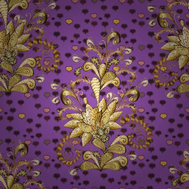 Kraliyet retro mor ve kahverengi renkleri üzerinde. Altın şablonu. Çiçek klasik doku. Seamless modeli altın öğeleri. Vektör çizim. Vintage için kart, duvar kağıdı, ambalaj, tekstil tasarım.