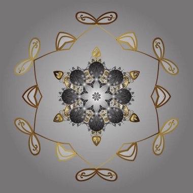 Altın renkleri üzerinde yüzey, ambalaj kağıdı için doku tekrarladı. Kış kar tanesi, vektör arka plan. Renkli arka plan üzerinde izole güzel kar taneleri. Vektör çizim.