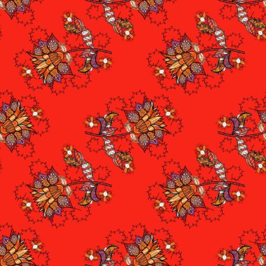 Vektör çizim. Küçük çiçekler ile sorunsuz bahar desen. Kırmızı, turuncu ve siyah renkler suluboya tarzında.