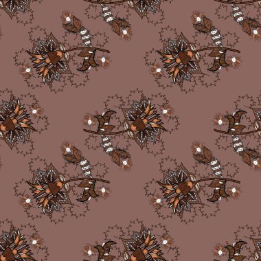 Vector illustration. Cute floral elements. Flowers on neutral, brown and black colors. Seamless.