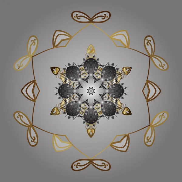 Altın renkleri üzerinde yüzey, ambalaj kağıdı için doku tekrarladı. Kış kar tanesi, vektör arka plan. Renkli arka plan üzerinde izole güzel kar taneleri. Vektör çizim.