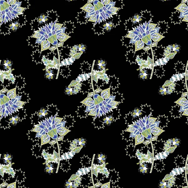 Bunga Pada Warna Hitam Putih Dan Biru Tangan Ditarik Ilustrasi - Stok Vektor