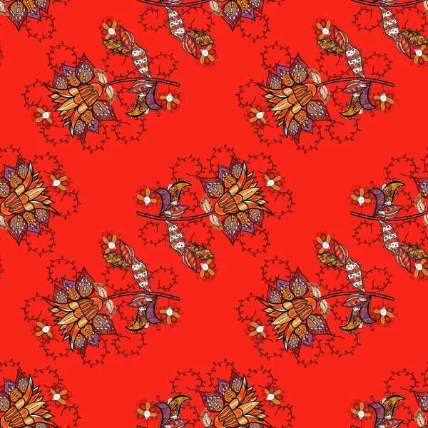 Vektör çizim. Küçük çiçekler ile sorunsuz bahar desen. Kırmızı, turuncu ve siyah renkler suluboya tarzında.