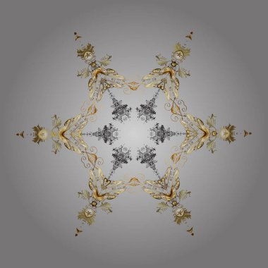 Cute abstract snowflake vector design on golden colors. Flat snow doodle icons, snow flakes silhouette for christmas banner, cards. New year snowflake.