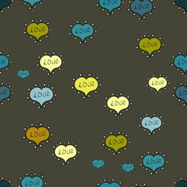 Dekor için modern tasarım Tekstil. Aşk Romantik tema. İnce vektör desen zemin üzerinde küçük yeşil, mavi ve siyah yürekleri. Sevgiliye arka plan. Basit minimalist geometrik sorunsuz doku