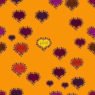 Dekor öğesi. Etiket hediye paketleri için sevginin sembolü. Şeffaf vektör etkisi. Çiçek yaprağı şeklinde kalp konfeti. Sarı, mor ve siyah kupa sorunsuz Sevgililer günü arka plan.