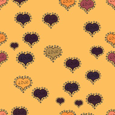 Tebrik için idealdir. Sevgi ve mutlu tasarımlar. Kalpleri sevgi sevimli zemin üzerine sarı, siyah, mor renkler. Kesintisiz renkli boho pop sanat tarzı. Vektör. Yaz stili illüstrasyon şirin elemanları ile.