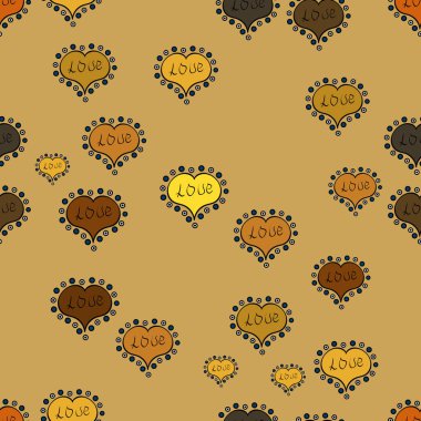 Valentine': s gün. Vektör. Kağıt ambalaj. Sarı, siyah ve kahverengi renkleri çizim kroki tarzı. Kalp Doodle. Soyut kesintisiz aşk desen.