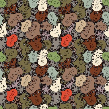 Büyük ve küçük mavi kalpler olan swirls kahverengi, siyah ve gri renklerde arka plan. Vektör çizim. Seamless aşk modeli. Aşk arka plan.