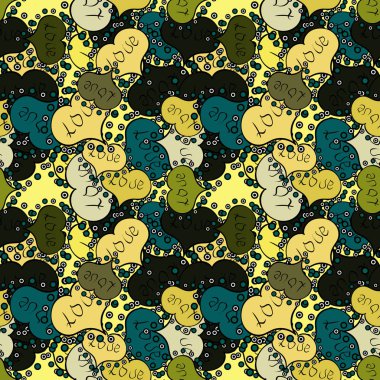 Vektör illüstrasyon. Sarı, siyah ve gri suluboya kalp deseni. Renkli suluboya romantik doku. Dikişsiz desen suluboya kalpler sorunsuz arka plan.