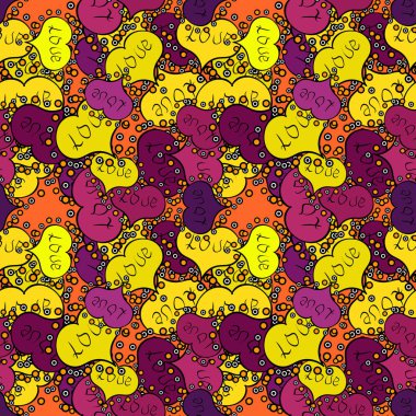 Dikişsiz İlginç tipografi. Farklı unsurları ile aşk tasarımı. Vektör illüstrasyon. Sarı, siyah ve mor renklerde Sevgililer günü arka plan.