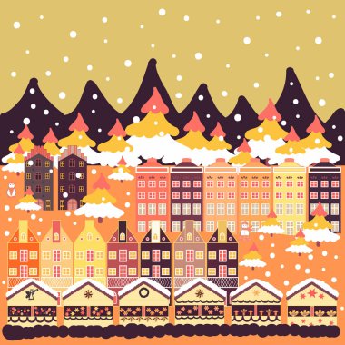 Ağaçları tepelerde ile renkli parlak evler. Vektör çizim. Turuncu, mor ve bej renkler üzerinde binalar.
