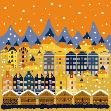 Vektör. Şirin evler ve ağaçlar mavi, sarı ve turuncu renklerde arka plan üzerinde. İskandinav tarzı doğa illüstrasyon. Colorfil manzara Tekstil, duvar kağıdı, kumaş için.