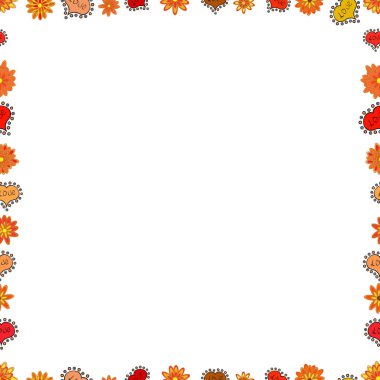 Seamless modeli. Doodles'ın çerçeve turuncu, beyaz ve kırmızı kenarlığı ile oluşur. Vektör arka plan seamless modeli ile elle çizilmiş kare doodle.