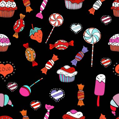 Düz stil vektör çizim. Oyun, kartpostal, davet ve web tasarımı için. Sorunsuz şekerler. Beyaz, siyah ve turuncu zemin üzerine şeker.